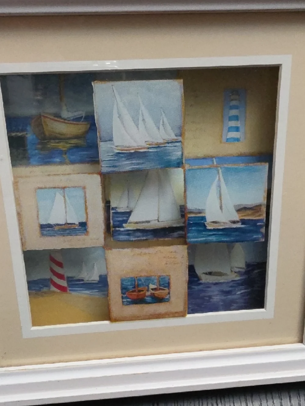 Coastal Sailboat Collage Wall Art - White Frame - 9 Tiles 3D